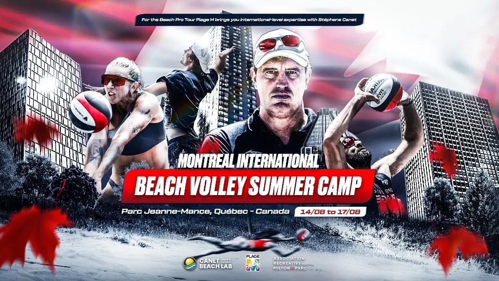 Poster for the Plage M international beach volleyball summer camp 2026, at Jeanne-Mance Park from August 10 to 17