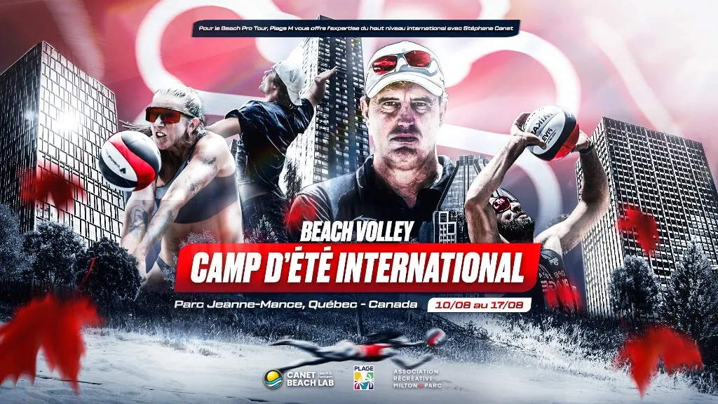 Affiche du camp d'été international de beach volley Plage M 2026, au parc Jeanne-Mance du 10 au 17 août