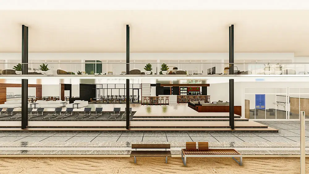 Rendu du bar, des transats et des gradins installés en bordure du sable