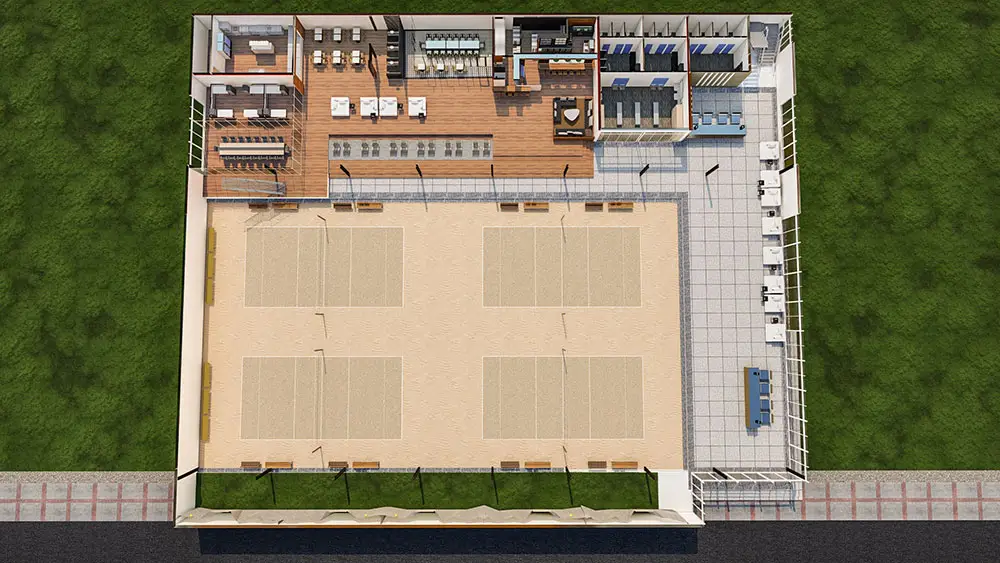 Rendu aérien du complexe montrant quatre terrains de sable, le pavillon d'accueil et la terrasse